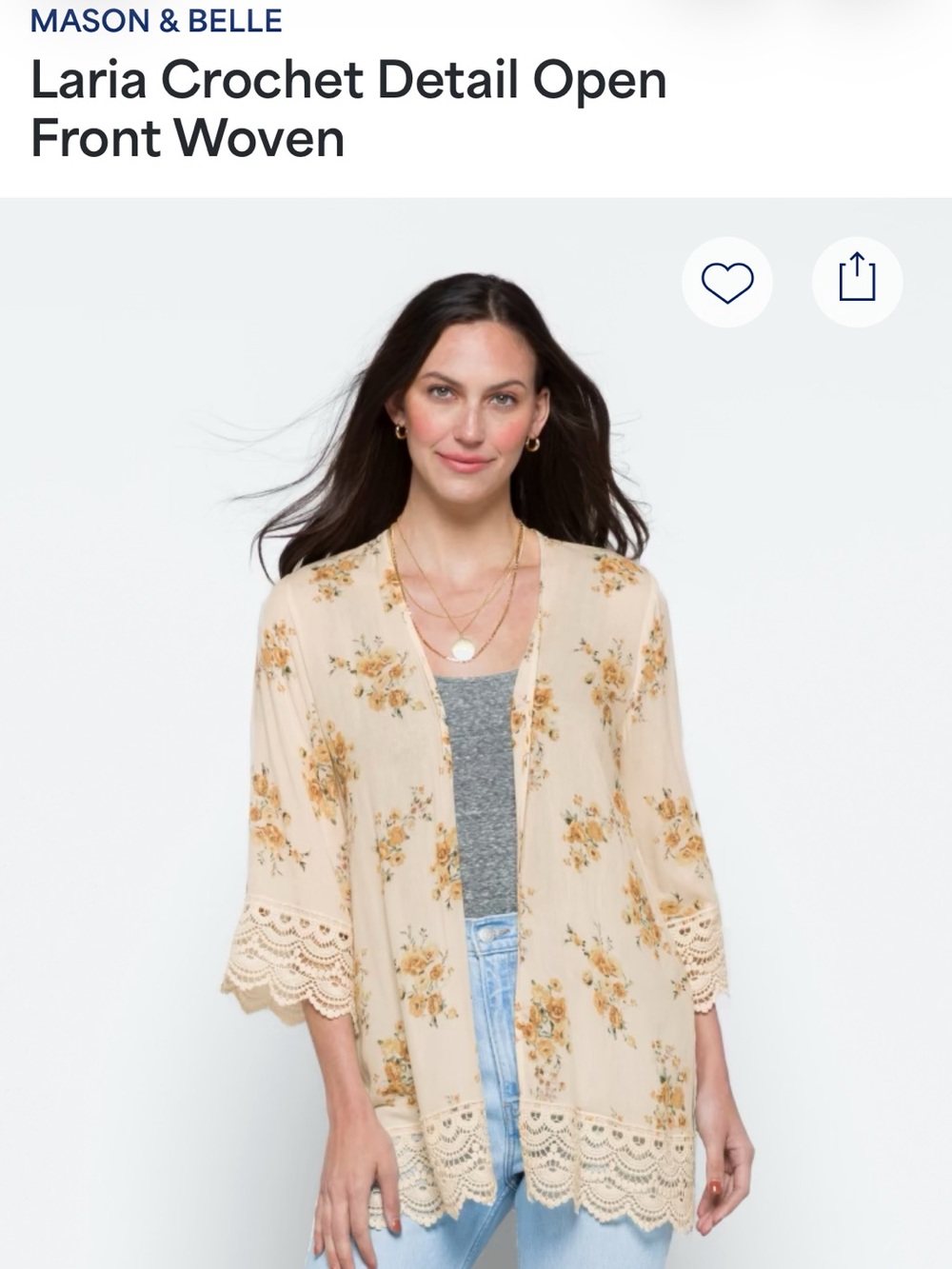 Mason & Belle Beige Floral Crochet Detail Open Front Woven Kimono